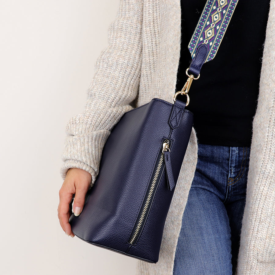 Navy Vegan Leather shoulder bag with pattern strap