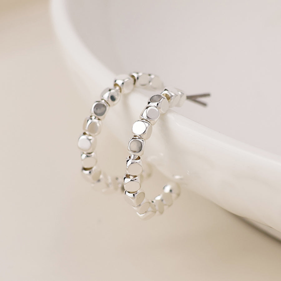 Silver plated cube bead hoop earrings