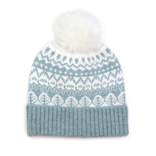 DUCK EGG BLUE FAIR ISLE KNIT POMPOM HAT