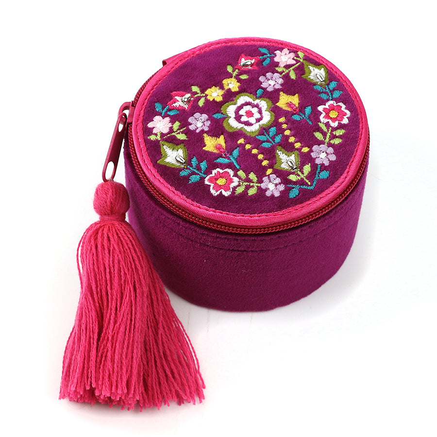 Wine velvet floral heart embroidered trinket box