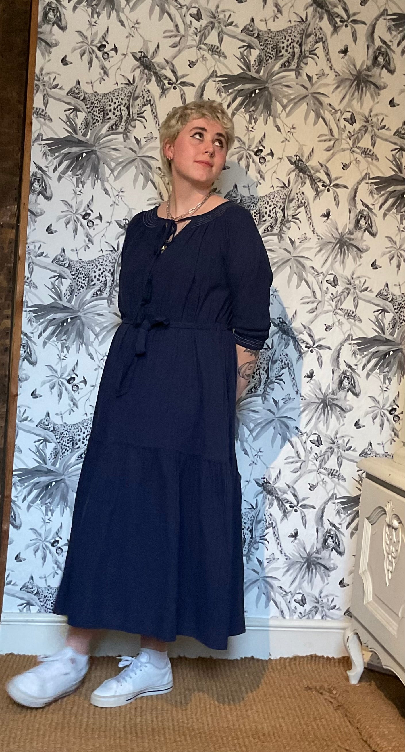 Navy white stich detail LINEN SMOCK maxi DRESS