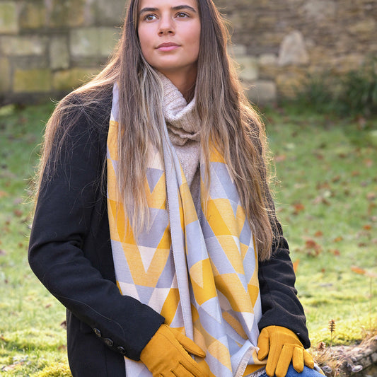 Ochre and grey mix geo chevron jacquard scarf