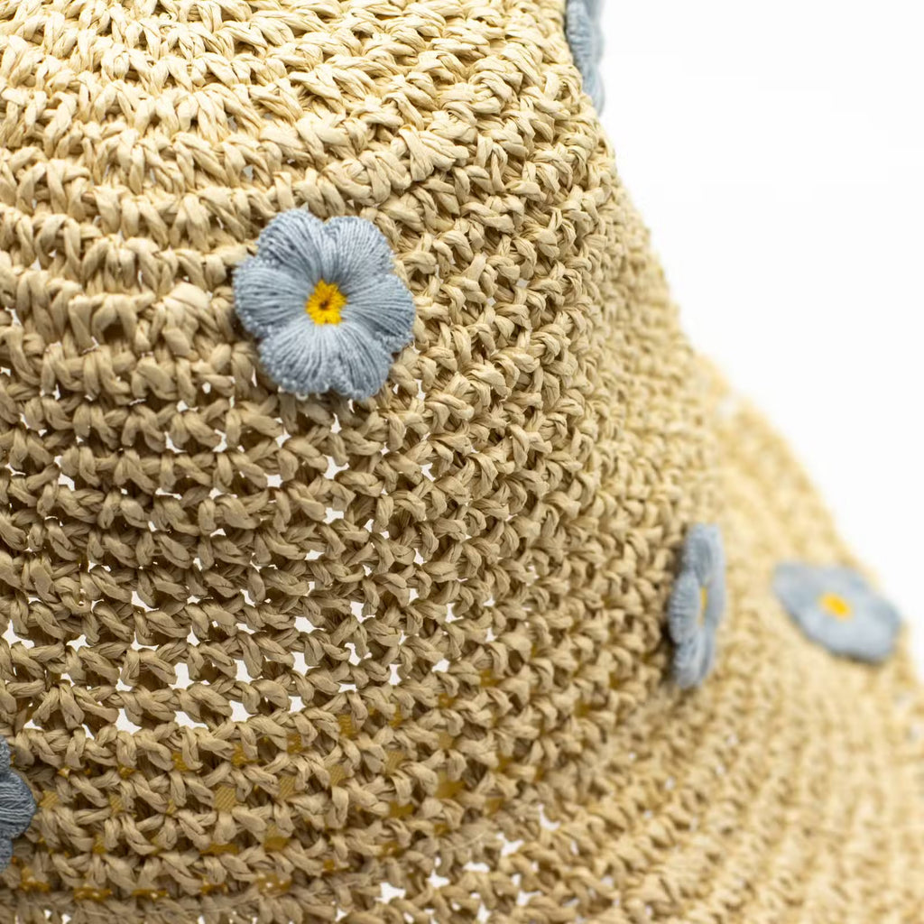 Floppy Straw Hat Blue Flowers