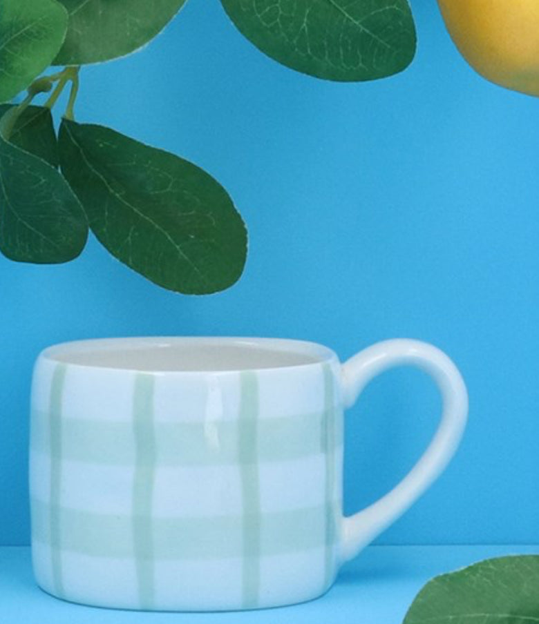 Green Check Stoneware Mug