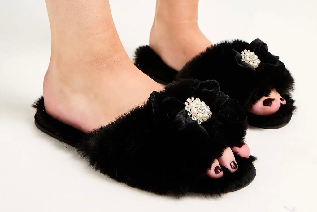 Anya Embellished Slider Slippers in Black - Large