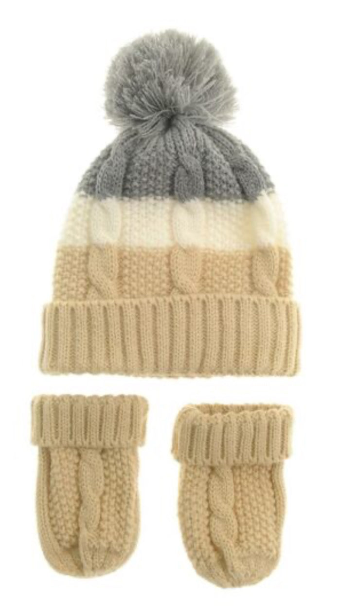 Beige, Cream & Grey Cable Knit Bobble Hat and Mitten size 12-24 mths