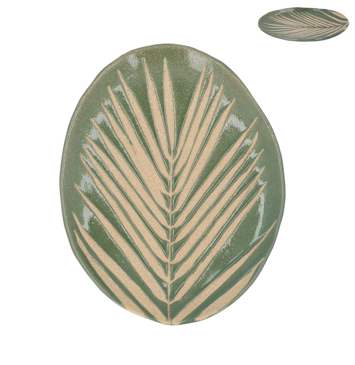 Green Stoneware Palm Leaf Oval Plate