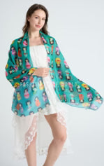 Japanese Doll Print Frayed Scarf Green