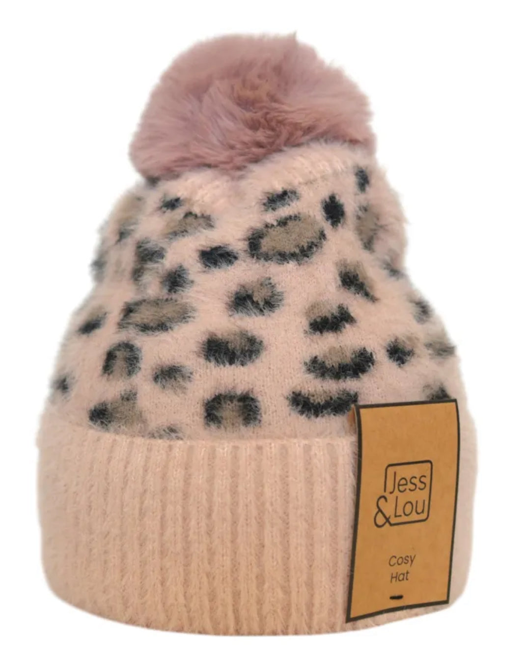 Pink leopard fluffy bobble hat