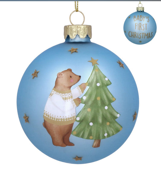 Blue Baby's First Teddy Glass Bauble