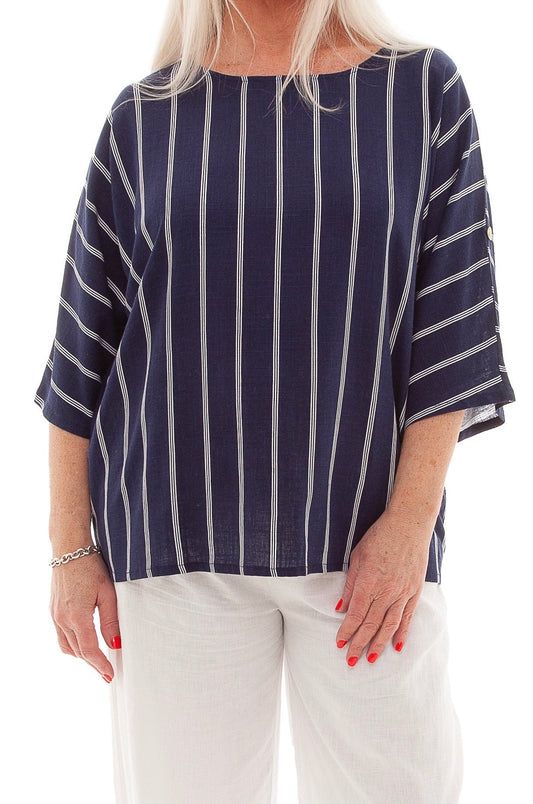 NAVY LINEN PINSTRIPE DOLMAIN TOP