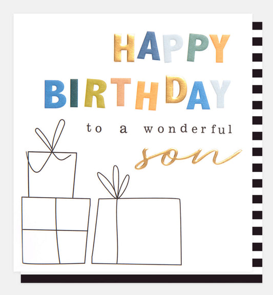 Happy Birthday To A Wonderful Son With Outline Presents