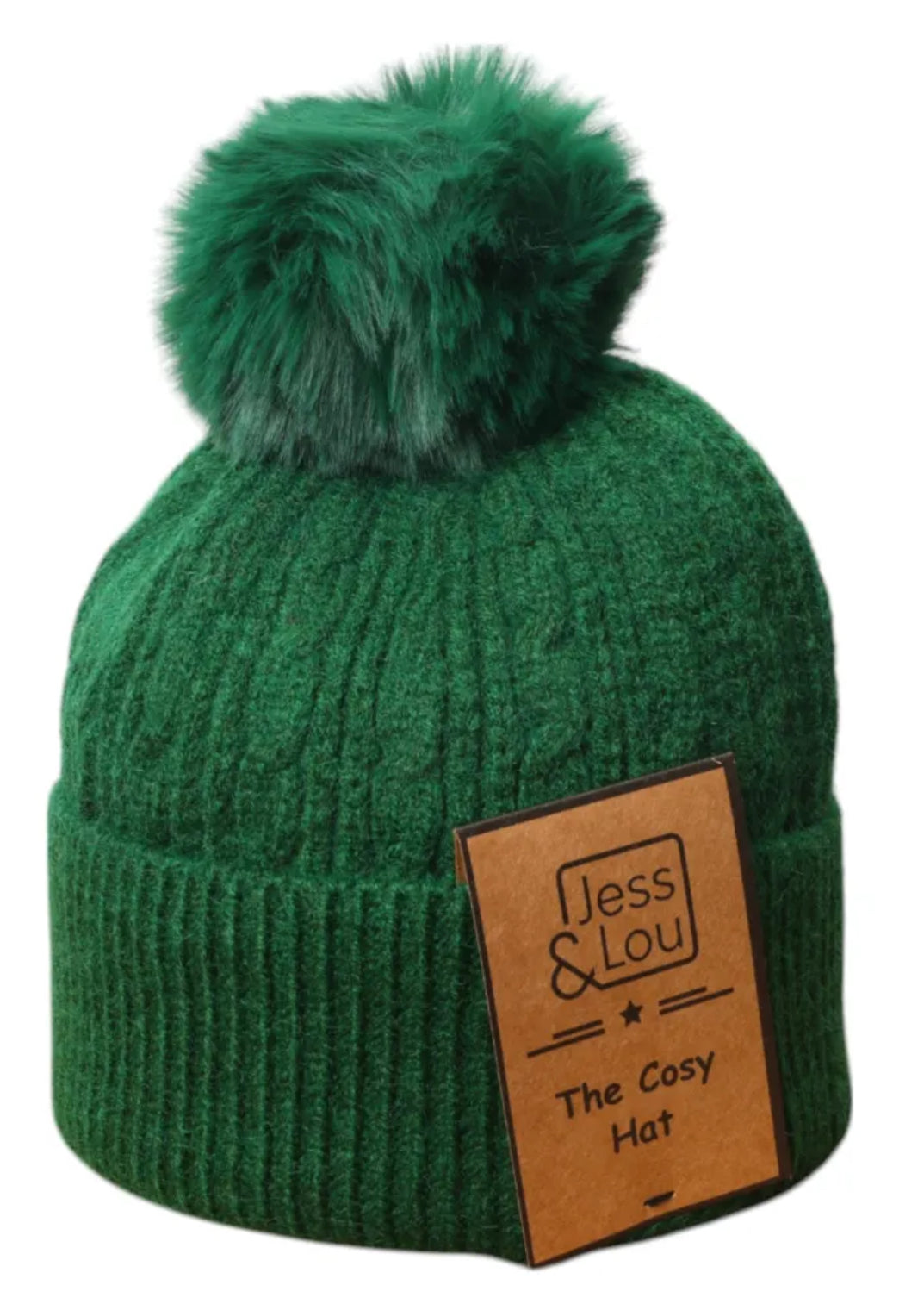 Green cable knit bobble hat