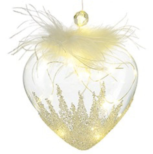 WHITE LIGHT UP HEART WITH FEATHER AND BEADS