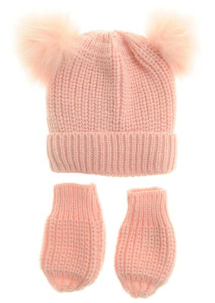 Pink Double Bobble Hat and Mittens