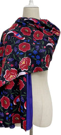 Colourful Bird & Floral Print Wool Frayed Scarf Purple