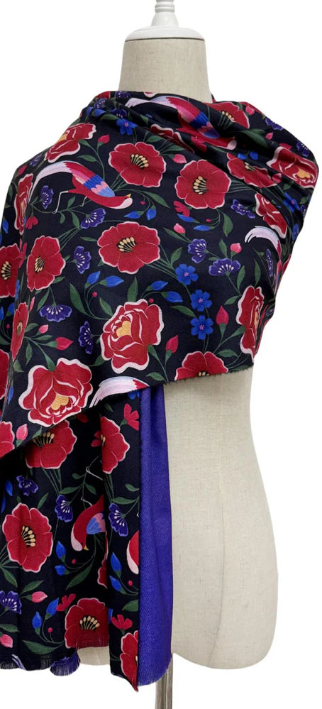 Colourful Bird & Floral Print Wool Frayed Scarf Purple
