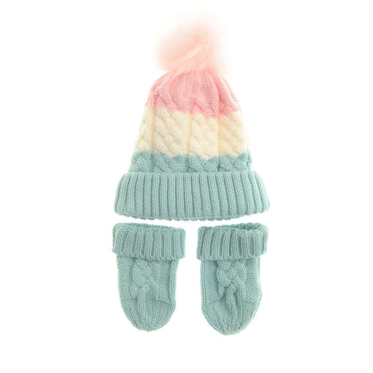Pink, White, Mint Cable Knit Bobble Hat and Mittens