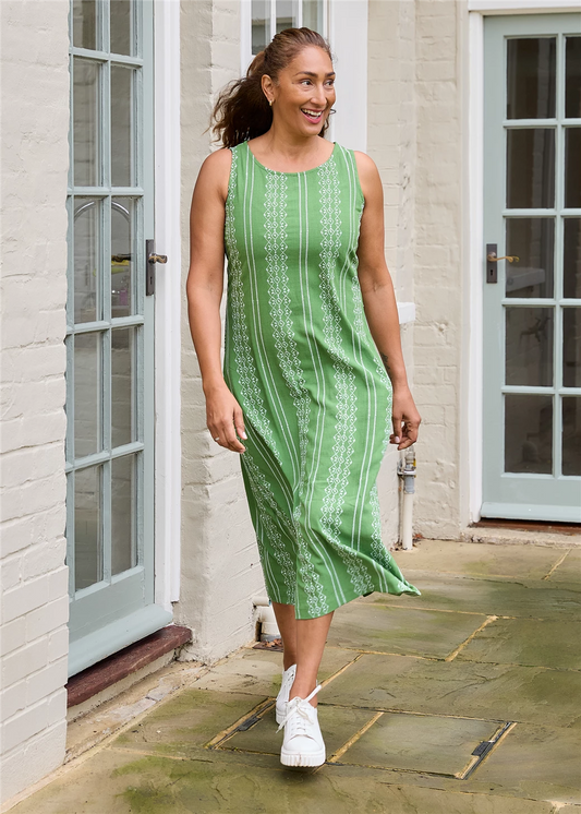 Basil Green Zig Zag Embroidery Sleeveless Fitted Tie Back Maxi Dress