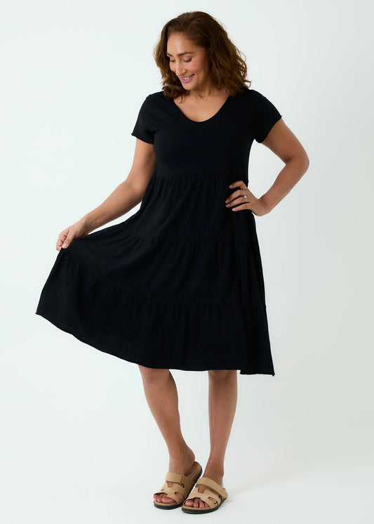Slub Jersey Tiered Sun Dress Black