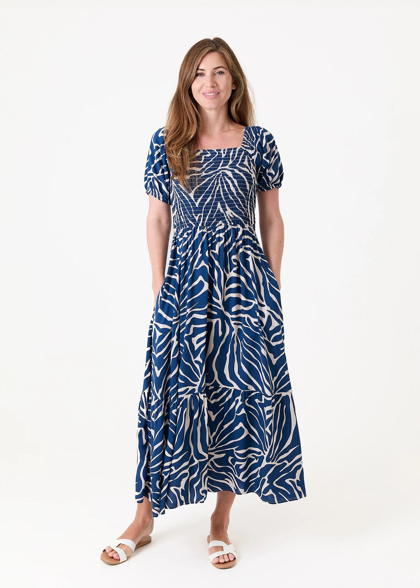 Navy Mono Zebra Shirred Bodice Maxi Dress