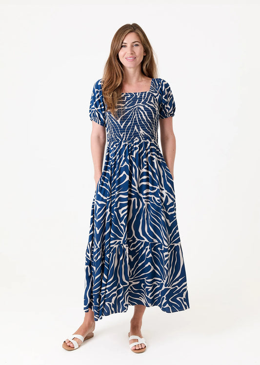 Navy Mono Zebra Shirred Bodice Maxi Dress