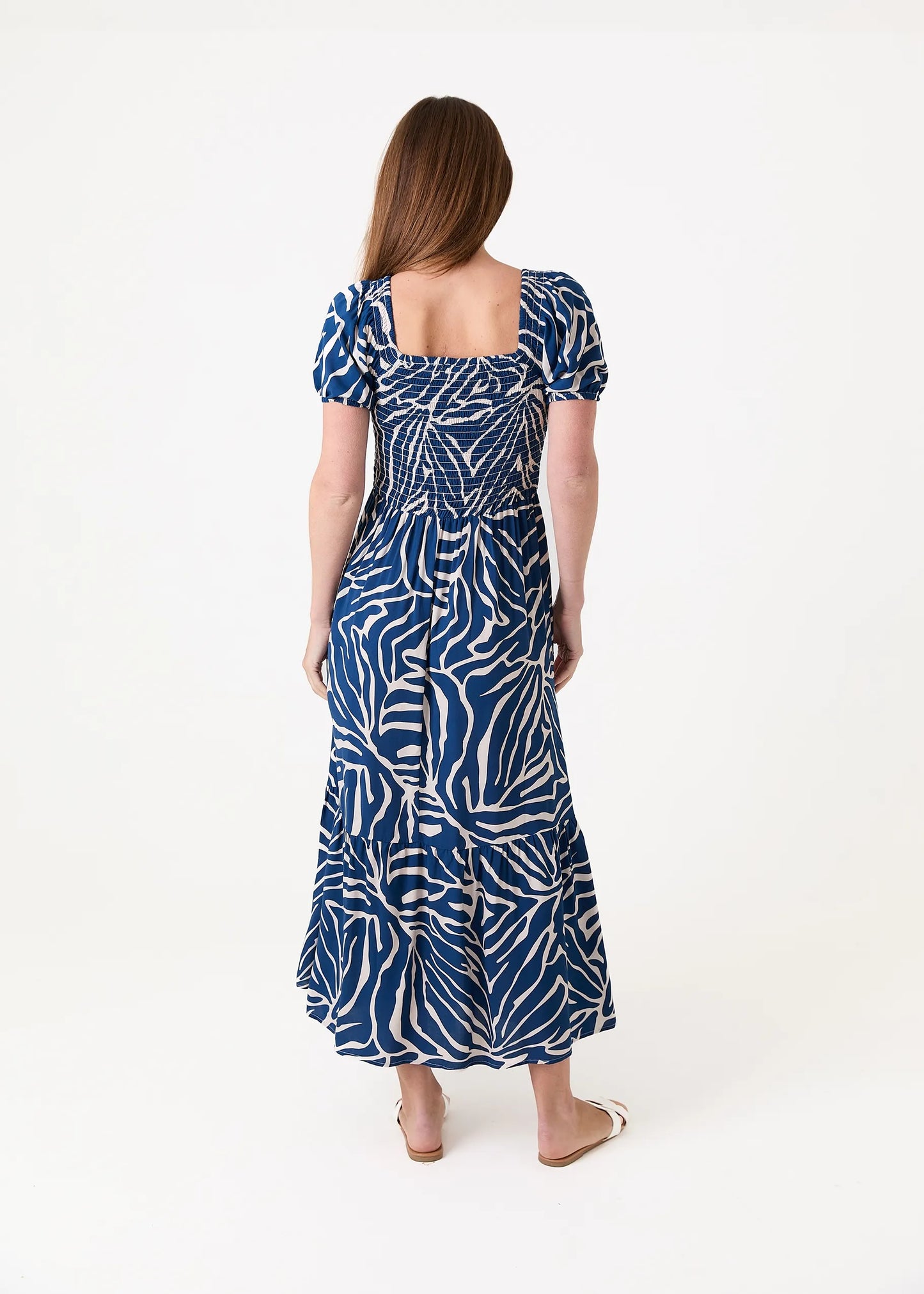 Navy Mono Zebra Shirred Bodice Maxi Dress