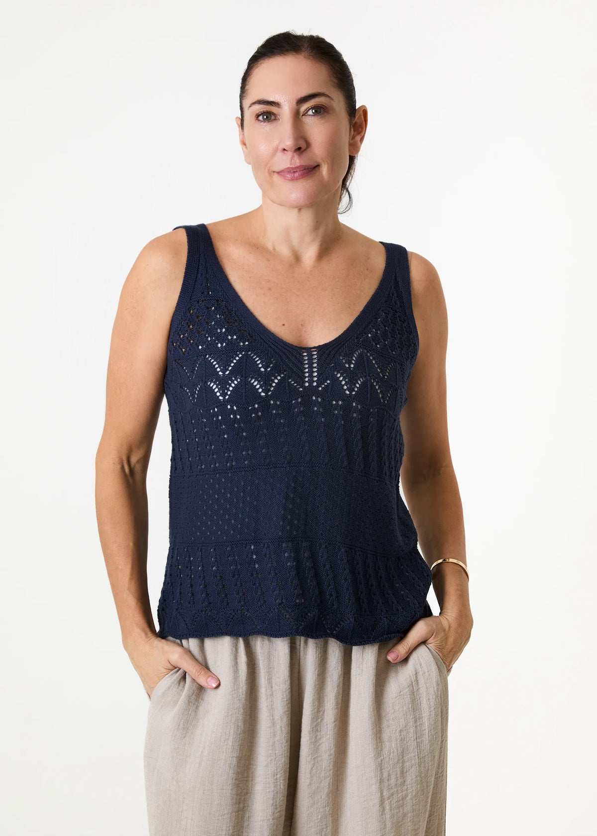 Navy Cotton Mix Pointelle V Neck Vest Top