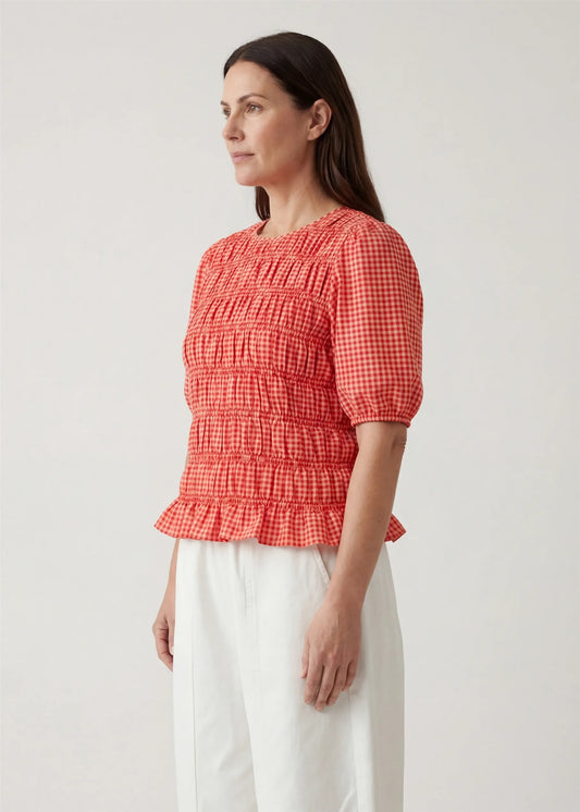 Coral Gingham Check Shirred Bodice Top