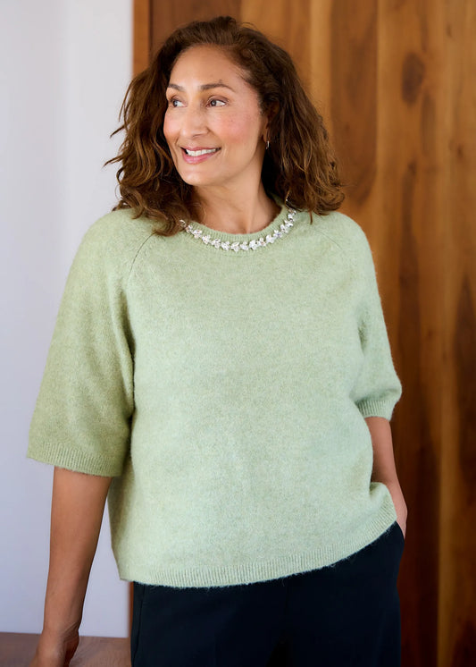 DIAMONTE COLLARED SHORT SLEEVED JUMPER PISTACHIO