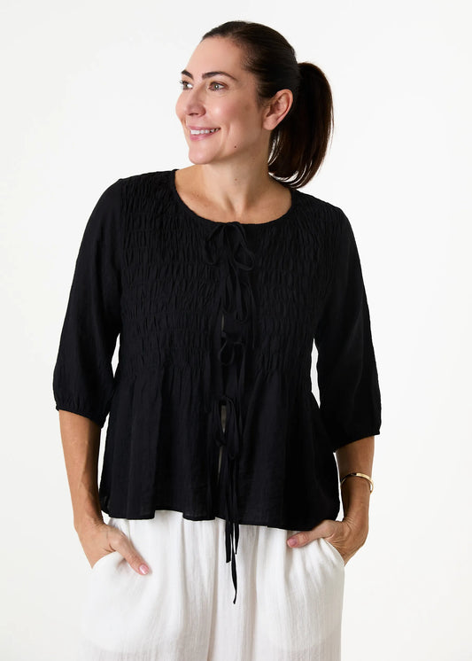 Textured Shirred Tie Front Blouse