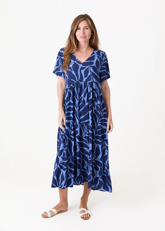 Mega Leaf Short Sleeve Tiered Dress - S/M Blue