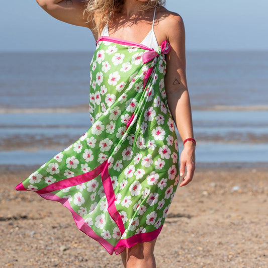 Silky green pansy print scarf with pink border