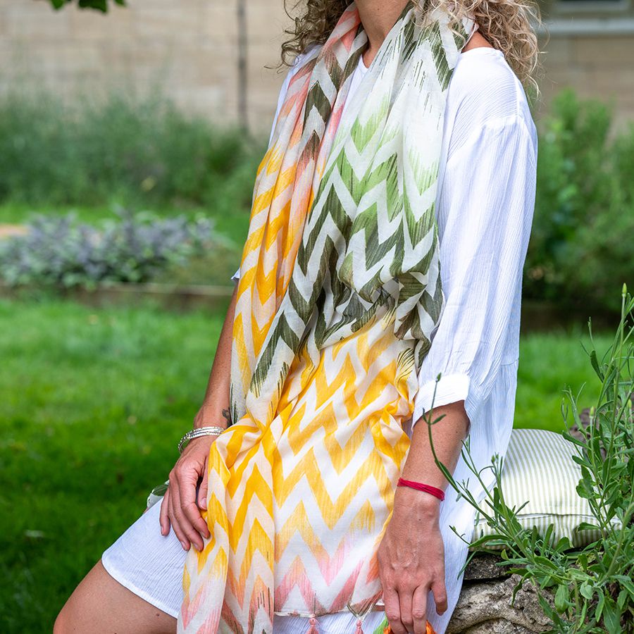 Green, peach and yellow chevron ikat scarf