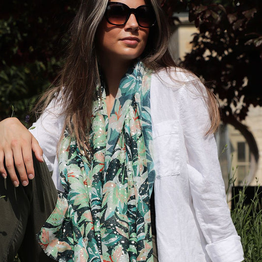 RECYCLED GREEN MIX SCARF WITH METALLIC PRINT