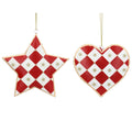 Tin Hanging Dec 10cm - Red/Cream Checkered Star/Heart, 2as