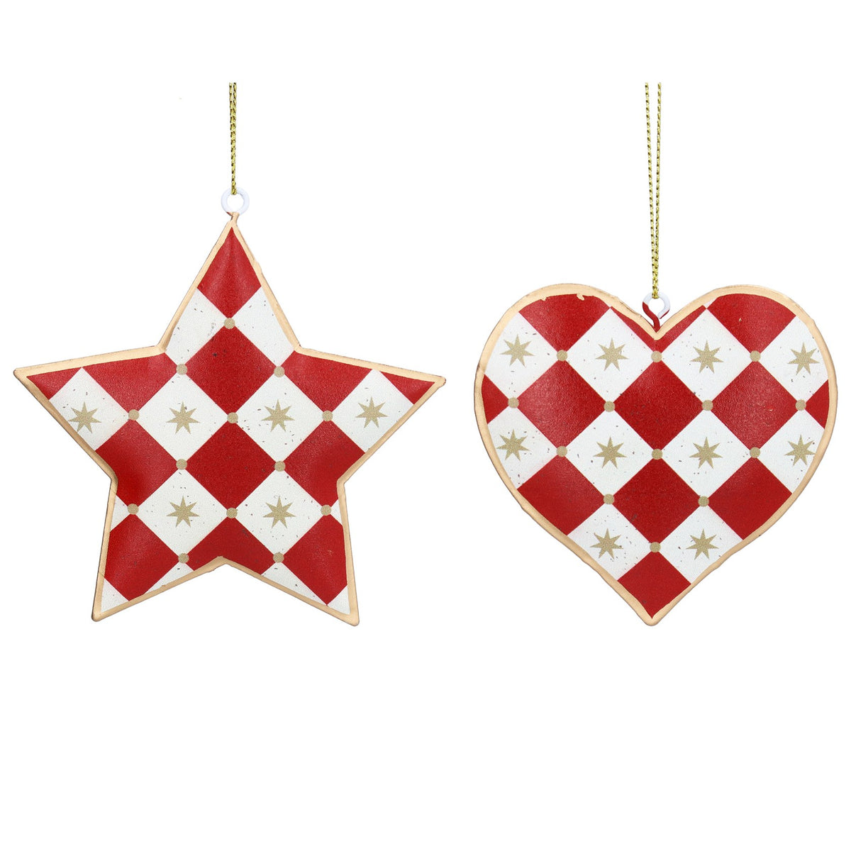 Tin Hanging Dec 10cm - Red/Cream Checkered Star/Heart, 2as