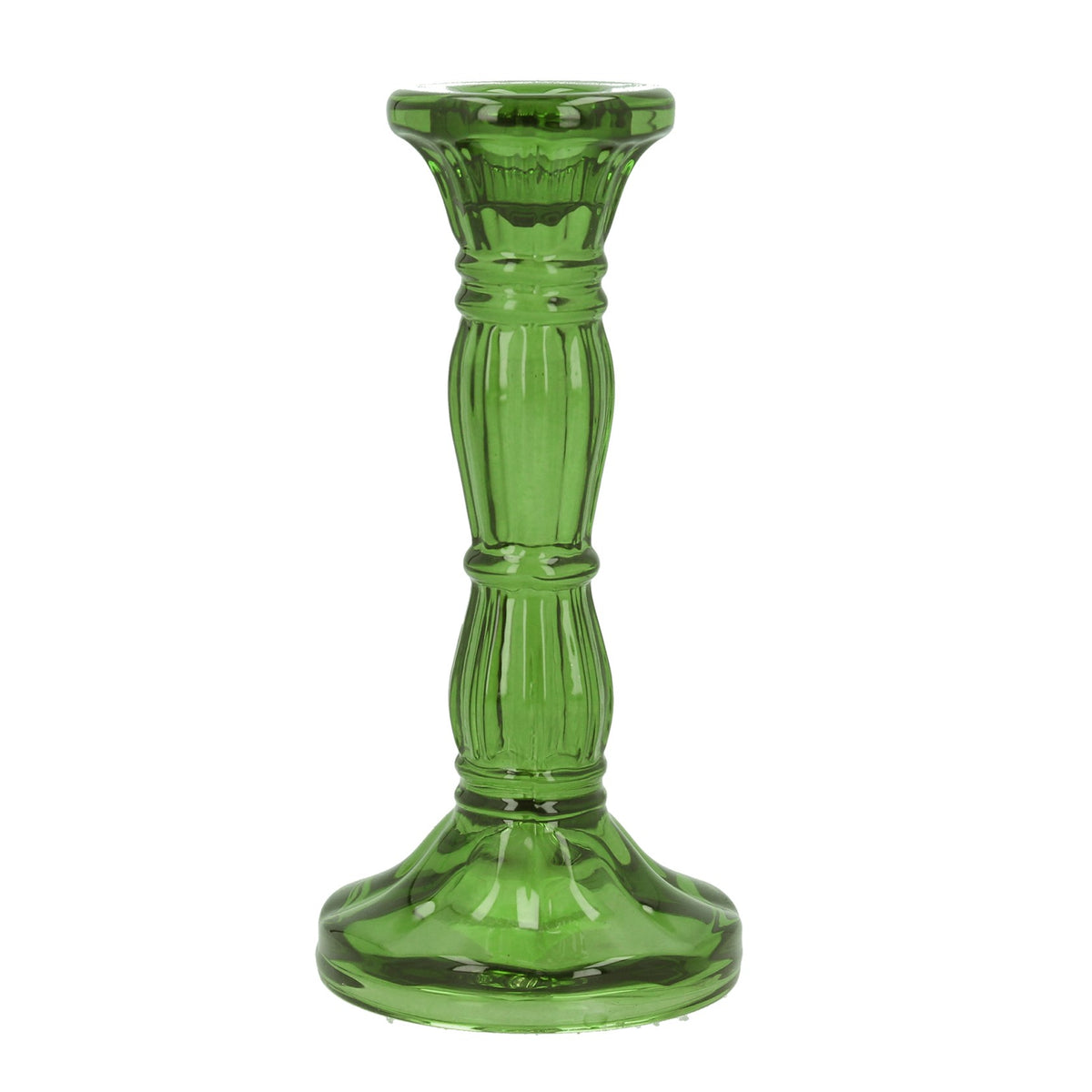 Glass Candlestick 16cm - Green Moulded