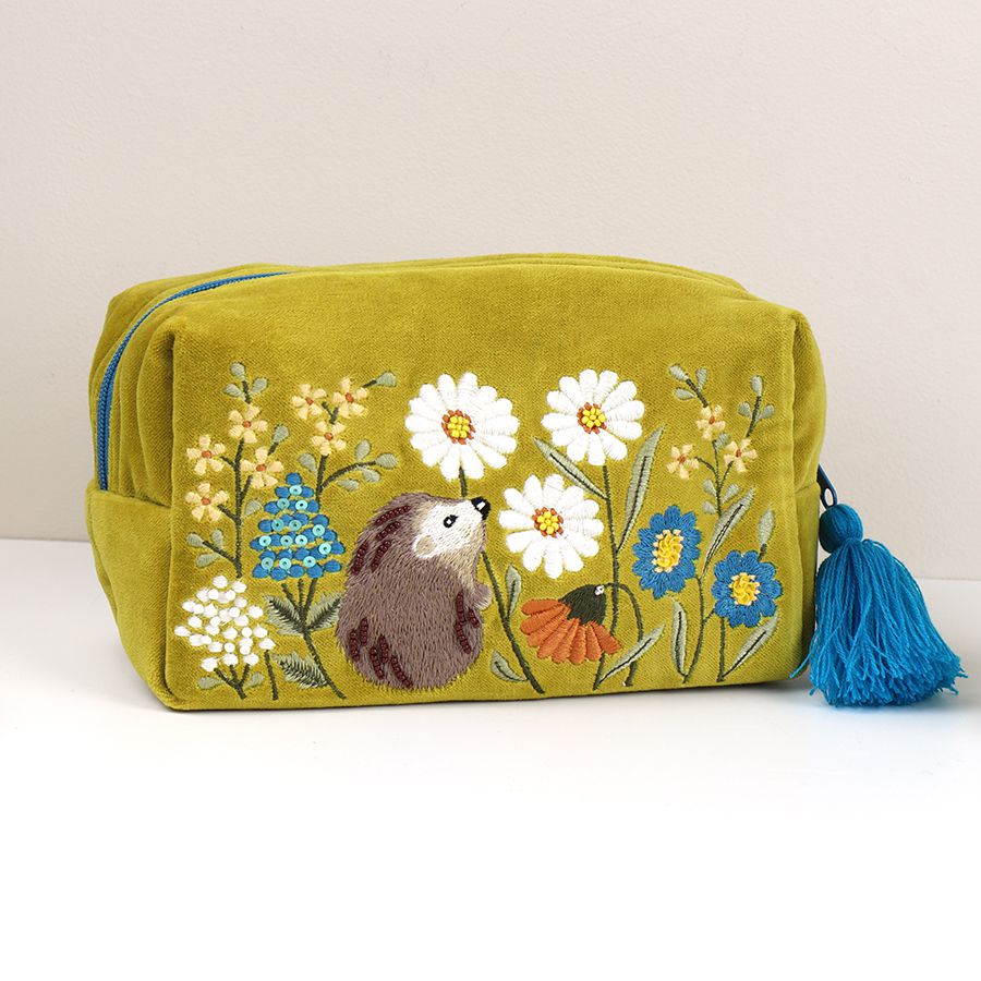 Chartreuse velvet autumn Hedgehog scene make-up bag