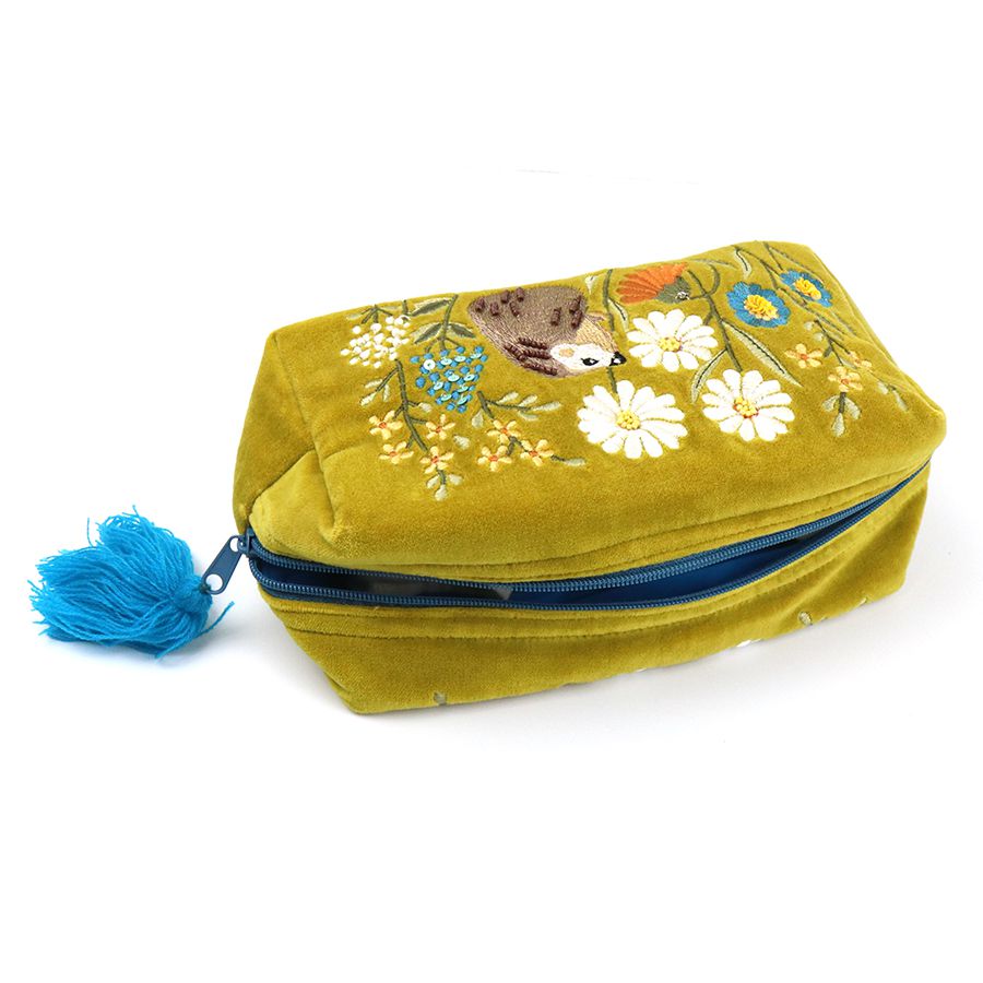 Chartreuse velvet autumn Hedgehog scene make-up bag