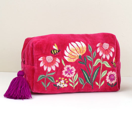 Fuchsia velvet floral bee scene make-up bag