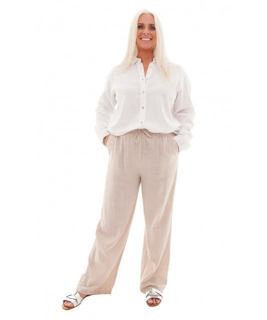 Linen Viscose Elastic Waist Trouser Stone