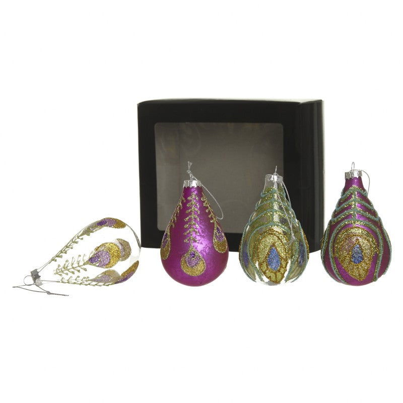 GLASS PEACOCK DROPLET BAUBLE SET OF 4