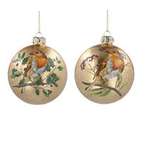 Glass Bauble 8cm - Antique Gold w Robin