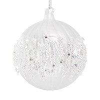 Glass Bauble 10cm - Clear Ribbed w Sparkling Icicle Band