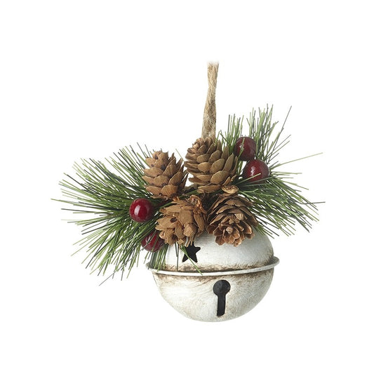 RUSTIC WHITE JINGLE BELL WITH FIR LEAF AND CONES