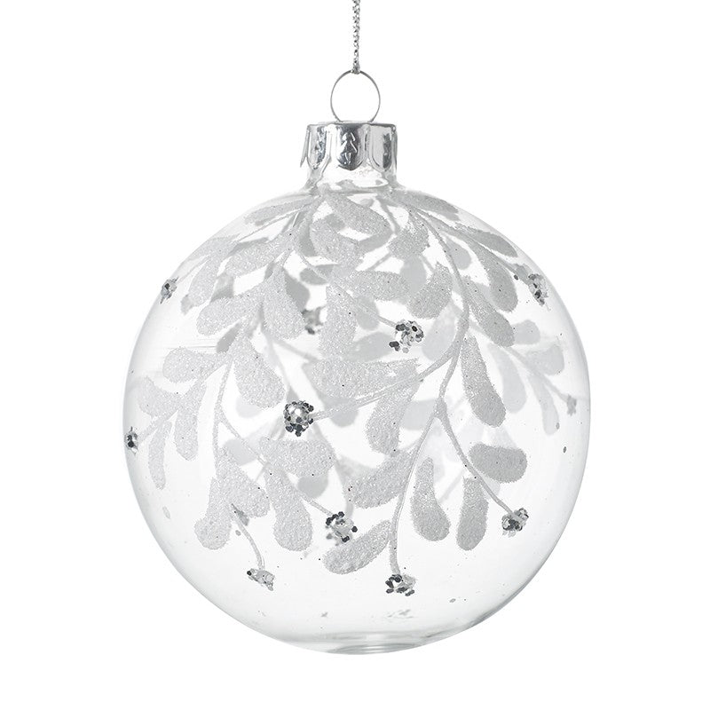 CLEAR GLASS BAUBLE WITH WHITE LEAF & SEQUIN