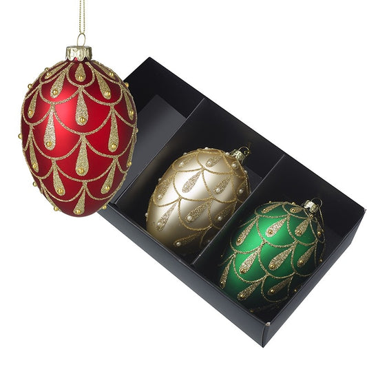 COLOURED GLASS DROPLET BAUBLES SET 3 BOXED