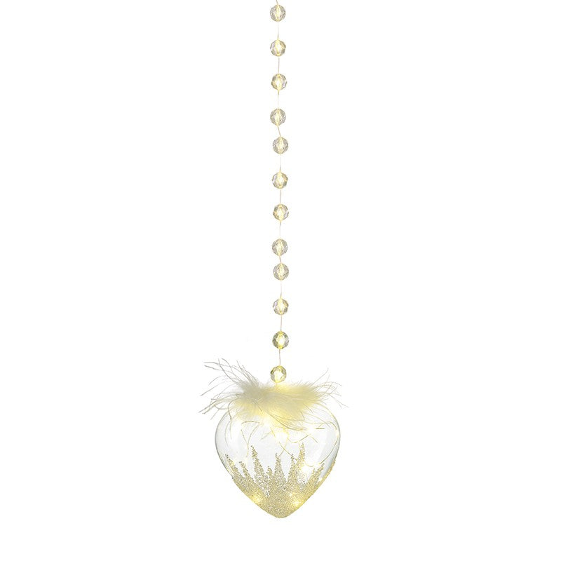 WHITE LIGHT UP HEART WITH FEATHER AND BEADS