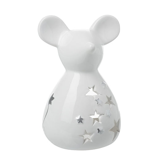 WHITE CERAMIC CHRISTMAS MOUSE TEA LIGHT HOLDER